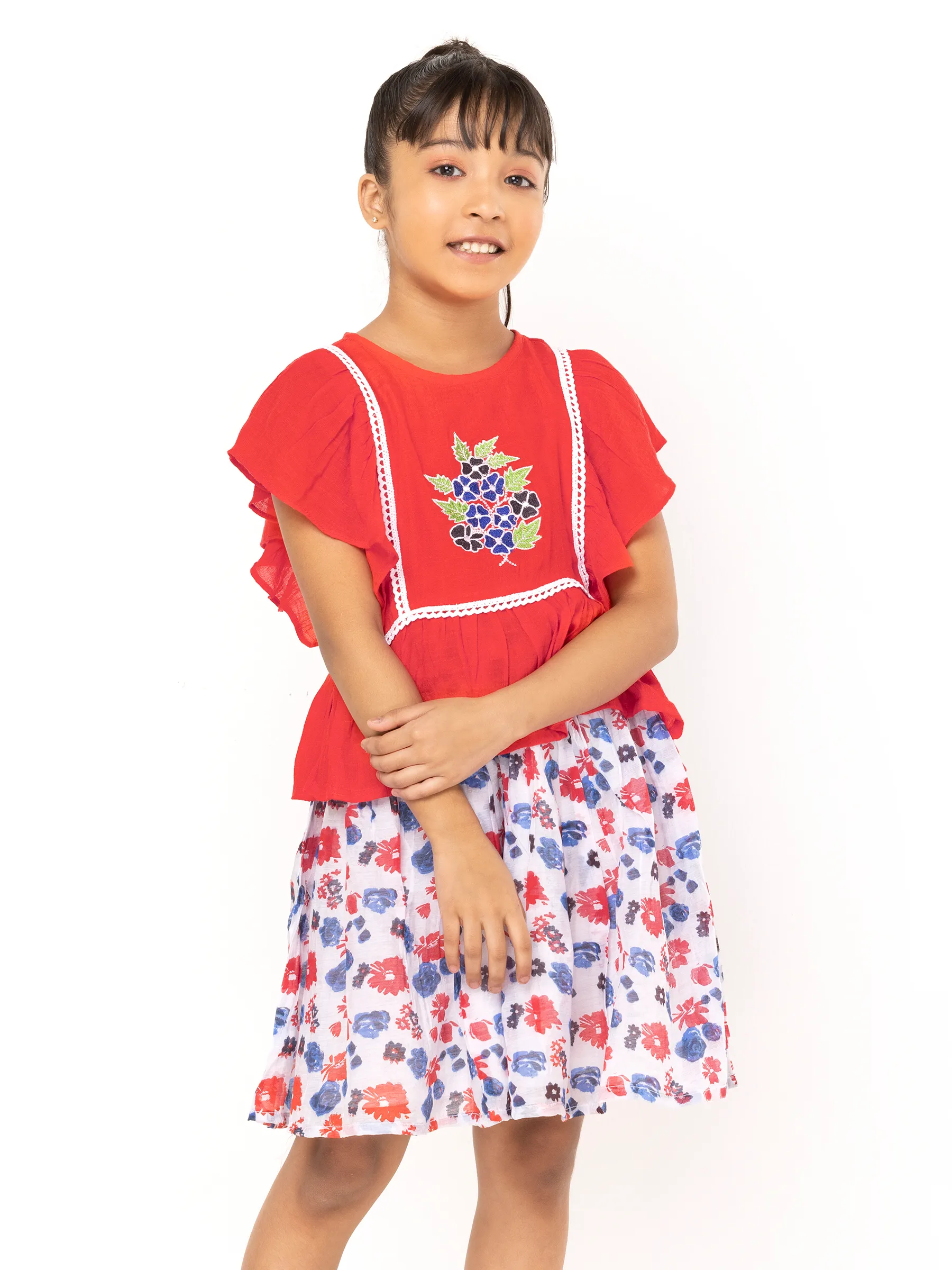 Red Embroidered Mixed Cotton Skirt Top Set